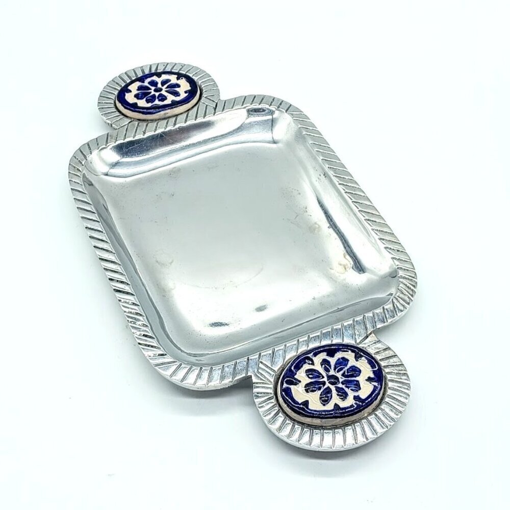 Mexican Pewter Blue White Ceramic Handled Rectangular Tray